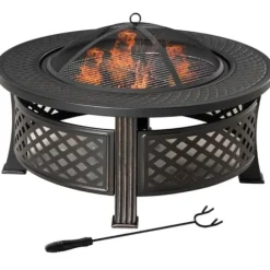 Ildsted rundt ildkurv/ildbord med gnistbeskyttelse & ildgaffel, stål, sort, 81×81×50 cm
