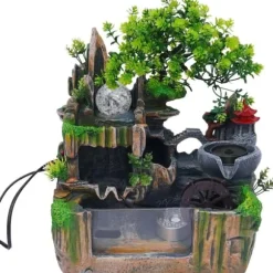 Indendørs fontæne - Bordfontæne med akvarium - LED-belysning - Tågegenerator - Vandfald - 30 x 18 x 33 cm - Harpiks - 220 V - Brun