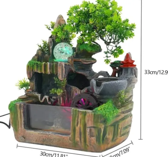 Indendørs fontæne - Bordfontæne med akvarium - LED-belysning - Tågegenerator - Vandfald - 30 x 18 x 33 cm - Harpiks - 220 V - Brun