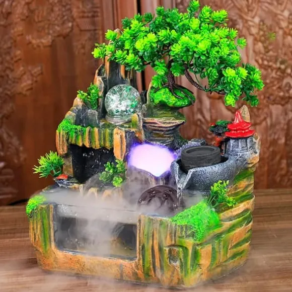 Indendørs fontæne - Bordfontæne med akvarium - LED-belysning - Tågegenerator - Vandfald - 30 x 18 x 33 cm - Harpiks - 220 V - Brun