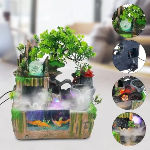 Indendørs fontæne - Bordfontæne med akvarium - LED-belysning - Tågegenerator - Vandfald - 30 x 18 x 33 cm - Harpiks - 220 V - Brun