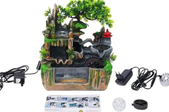 Indendørs fontæne - Bordfontæne med akvarium - LED-belysning - Tågegenerator - Vandfald - 30 x 18 x 33 cm - Harpiks - 220 V - Brun