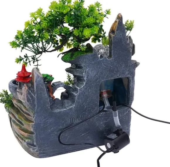 Indendørs fontæne - Bordfontæne med akvarium - LED-belysning - Tågegenerator - Vandfald - 30 x 18 x 33 cm - Harpiks - 220 V - Brun