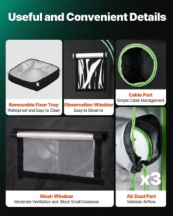 Indendørs Growtelt - Dyrkningstelt - 60 x 60 x 180 cm - 600D Stof & Højreflekterende Folie - Observationsvindue - Aftagelig Gulvbakke - Tæt Lynlås