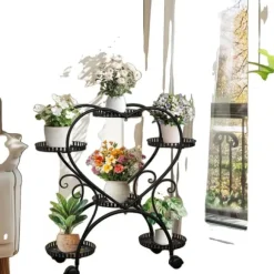 Indendørs Udendørs Planteholder, Hjerteformet Design, 6 Potte Kapacitet, Metal Konstruktion,sort