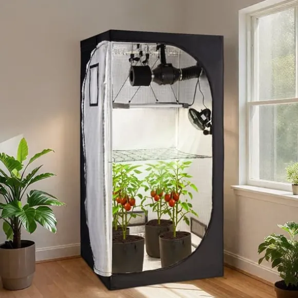 Indendørs væksttelt - Plantetelt sæt - 100 x 100 x 200 cm - Fuldspektret LED-vækstlys - Ventilationssystem - 600D Mylar - Til blomster og grøntsager | CDON