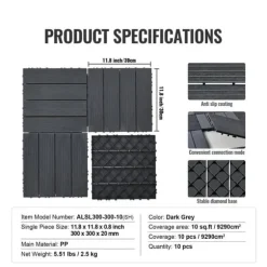 Interlocking Deck Fliser 10-Pak, 30x30 cm, Mørkegrå Plast til Terrasse, Holdbar og Vejrbestandig.
