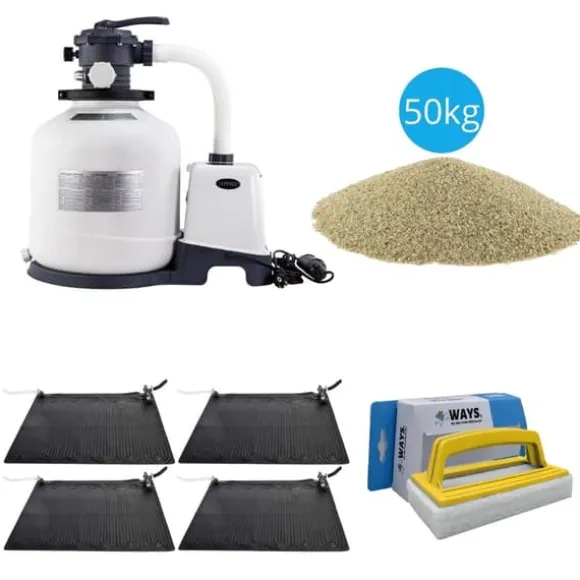 Intex - 4x Svømmebassinvarme & Sandfilterpumpe 3500 L/h & Filtersand 50 kg &WAYS Skrubebørste