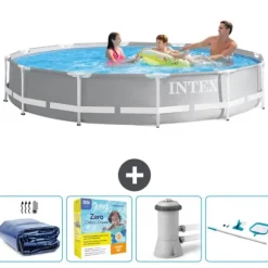 Intex svømmebassin med rund prismeramme - 366 x 76 cm - Grå - Inkluderet tilbehør CB14