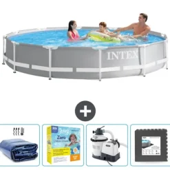 Intex svømmebassin med rund prismeramme - 366 x 76 cm - Grå - Inkluderet tilbehør CB68
