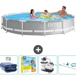 Intex svømmebassin med rund prismeramme - 366 x 76 cm - Grå - Inkluderet tilbehør CB72