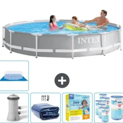 Intex svømmebassin med rund prismeramme - 366 x 76 cm - Grå - Inklusive Tilbehør CB22