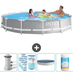 Intex svømmebassin med rund prismeramme - 366 x 76 cm - Grå - Inklusive Tilbehør CB87