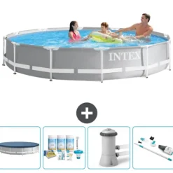 Intex svømmebassin med rund prismeramme - 366 x 76 cm - Grå - Inkluderet tilbehør CB5