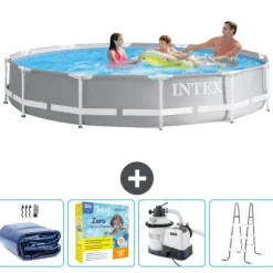 Intex svømmebassin med rund prismeramme - 366 x 76 cm - Grå - Inkluderet tilbehør CB71