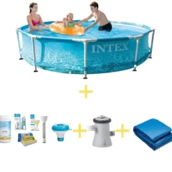 Intex swimmingpool - Metalramme - Strandside - 305 x 76 cm - Inklusiv WAYS vedligeholdelsespakke, filterpumpe og jordklud