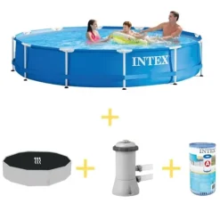 Intex swimmingpool - metalramme - 366 x 76 cm - Inklusiv solsejl, filterpumpe og filter