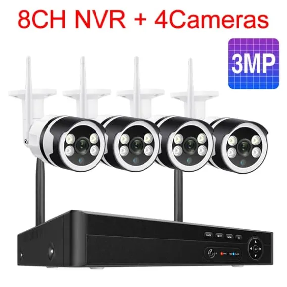 IP Kamera System, Høj Opløsning Video, To-Vejs Lyd,8CH og 4stk 3MP kamera, Ingen