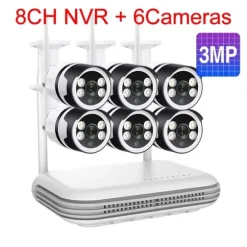 IP Kamera System, 5MP Opløsning, To-Vejs Lyd,8CH og 6stk 3MP Kamera, EU Stik, Ingen