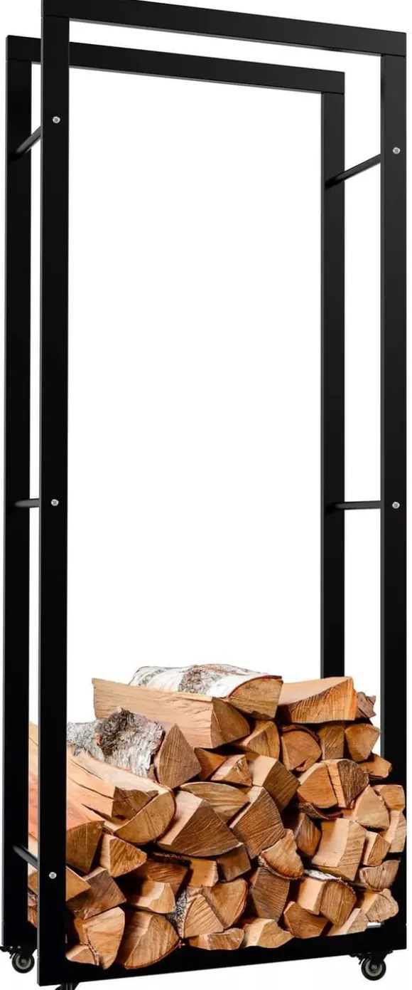Keri Black Metal Firewood Rack with Wheels - 25x60x150cm