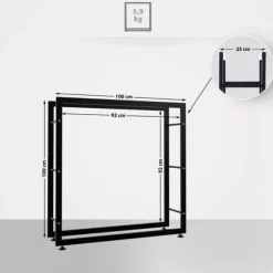 Keri V2 Firewood Rack - Black Metal, 25x100x100 cm - Stable Indoor Wood Storage with Crossbars