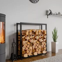 Keri V2 Firewood Rack - Black Metal, 25x100x100 cm - Stable Indoor Wood Storage with Crossbars
