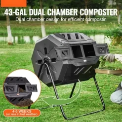 Kompostbeholder 43-Gal med dobbeltkammer, tumlende design, 2 skydedøre, stålramme - BPA-fri til have og køkken.