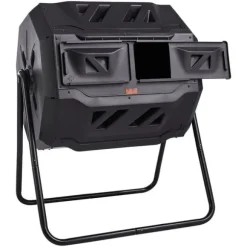 Kompostbeholder 43-Gal med dobbeltkammer, tumlende design, 2 skydedøre, stålramme - BPA-fri til have og køkken.