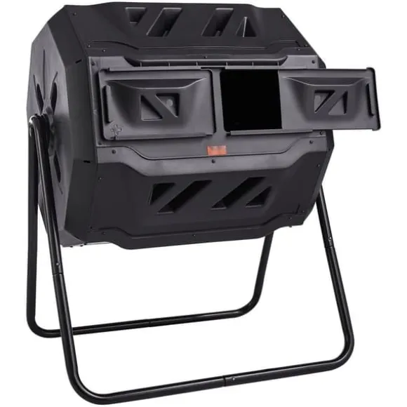 Kompostbeholder 43-Gal med dobbeltkammer, tumlende design, 2 skydedøre, stålramme - BPA-fri til have og køkken.