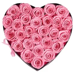 Konserveret Rosebuket, 27 Roser Hjerteæske, 223x230x140 mm, Lyserød