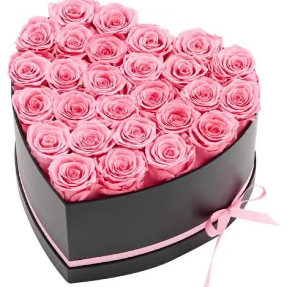 Konserveret Rosebuket, 27 Roser Hjerteæske, 223x230x140 mm, Lyserød