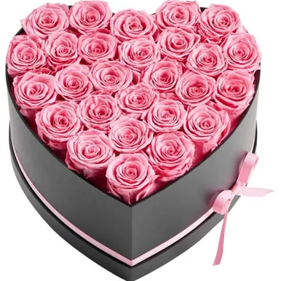Konserveret Rosebuket, 27 Roser Hjerteæske, 223x230x140 mm, Lyserød