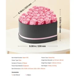 Konserveret Rosebuket, 27 Roser Hjerteæske, 223x230x140 mm, Lyserød