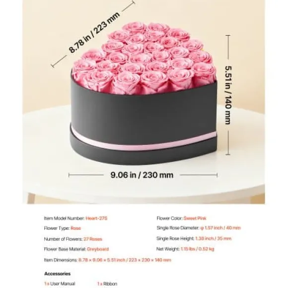 Konserveret Rosebuket, 27 Roser Hjerteæske, 223x230x140 mm, Lyserød