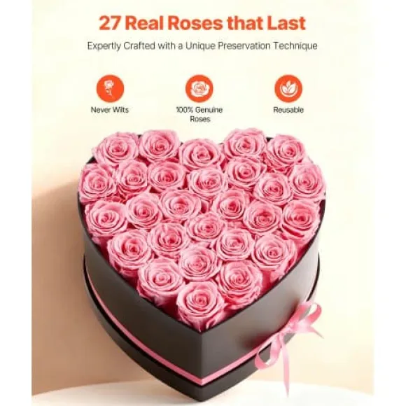 Konserveret Rosebuket, 27 Roser Hjerteæske, 223x230x140 mm, Lyserød