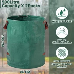 Kraftige haveaffaldsposer - 500L x 2-pak Genanvendelige haveaffaldsposer med håndtag
