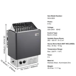 8KW Elektrisk Saunaovne, Indbygget Styring, Ideel til 8-12 m³ Hjemmespa, Energibesparende, Hurtig Opvarmning