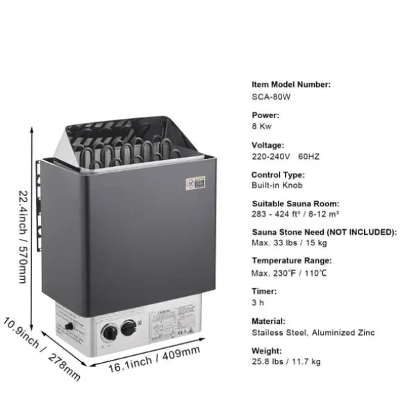 8KW Elektrisk Saunaovne, Indbygget Styring, Ideel til 8-12 m³ Hjemmespa, Energibesparende, Hurtig Opvarmning