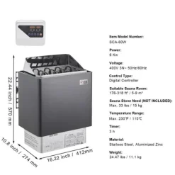 6KW Elektrisk Saunavarmer, Digital Controller, Ideel til 5-9 m³ Home Spa, effektiv opvarmning, energieffektivisering