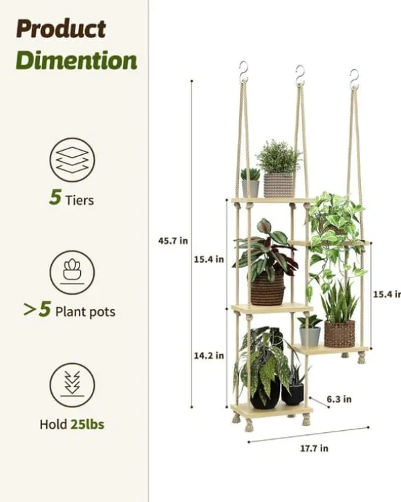 5-lags macramé hængende plantestativ til vindue – håndlavet plantestativ og indendørs planteholder