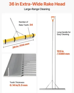 Landskabsrive - Planrive i aluminium - Hovedbredde 91,4 cm - Skaftlængde 3,38 m - Letvægt - Til Jord, Grus og Asfalt - Inkl. 15,8 m Reb
