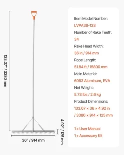 Landskabsrive - Planrive i aluminium - Hovedbredde 91,4 cm - Skaftlængde 3,38 m - Letvægt - Til Jord, Grus og Asfalt - Inkl. 15,8 m Reb
