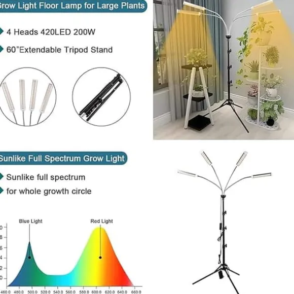 LED indendørs vækstlys – 420 fuldspektrede LED'er med justerbart stativ 40-160 cm, gulvlampe til dyrkningsplanter
