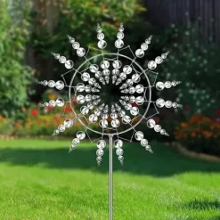 Lollanda 3D Metal Wind Wheel til have, solcelledrevet, rustfrit stål, stabil, støjsvag, dekorativ til terrasse og græsplæne