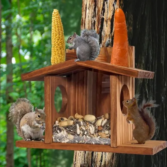 Lollanda Squirrel Feeder – Udendørs Egernfoderstation, Træ Egernfoder, holdbar og nem at fylde, med aftageligt frontpanel