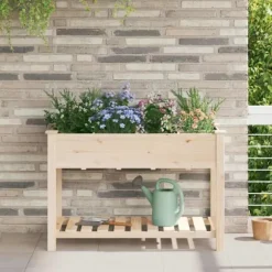 Massiv Blomsterkrukke med Hylde - Træplantkasse | Farve: Beige | Størrelse: 115x59x76.5 cm