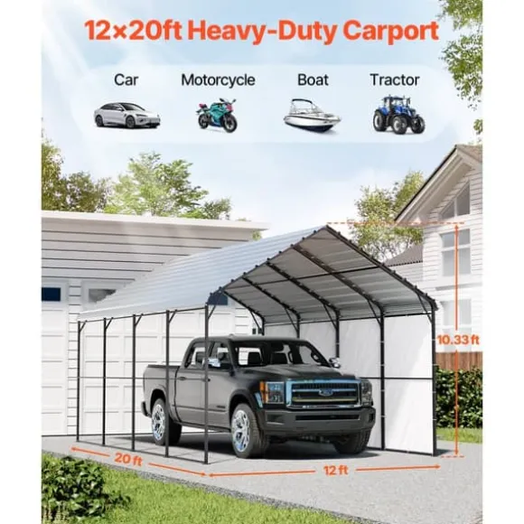 Metal Carport 12' x 20', Heavy Duty Udendørs Garage, Robust, Velegnet til både, Beskyttelse mod vejr og UV-stråler