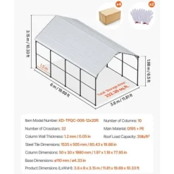 Metal Carport 12' x 20', Heavy Duty Udendørs Garage, Robust, Velegnet til både, Beskyttelse mod vejr og UV-stråler