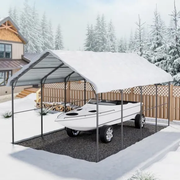 Metal Carport 12' x 20', Heavy Duty Udendørs Garage, Robust, Velegnet til både, Beskyttelse mod vejr og UV-stråler