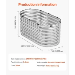 Metal Hævet Haveseng, 4x2x2 Fod, Galvaniseret Plantekasse, Holdbar, Velegnet til Udendørs Brug, Sølvfinish